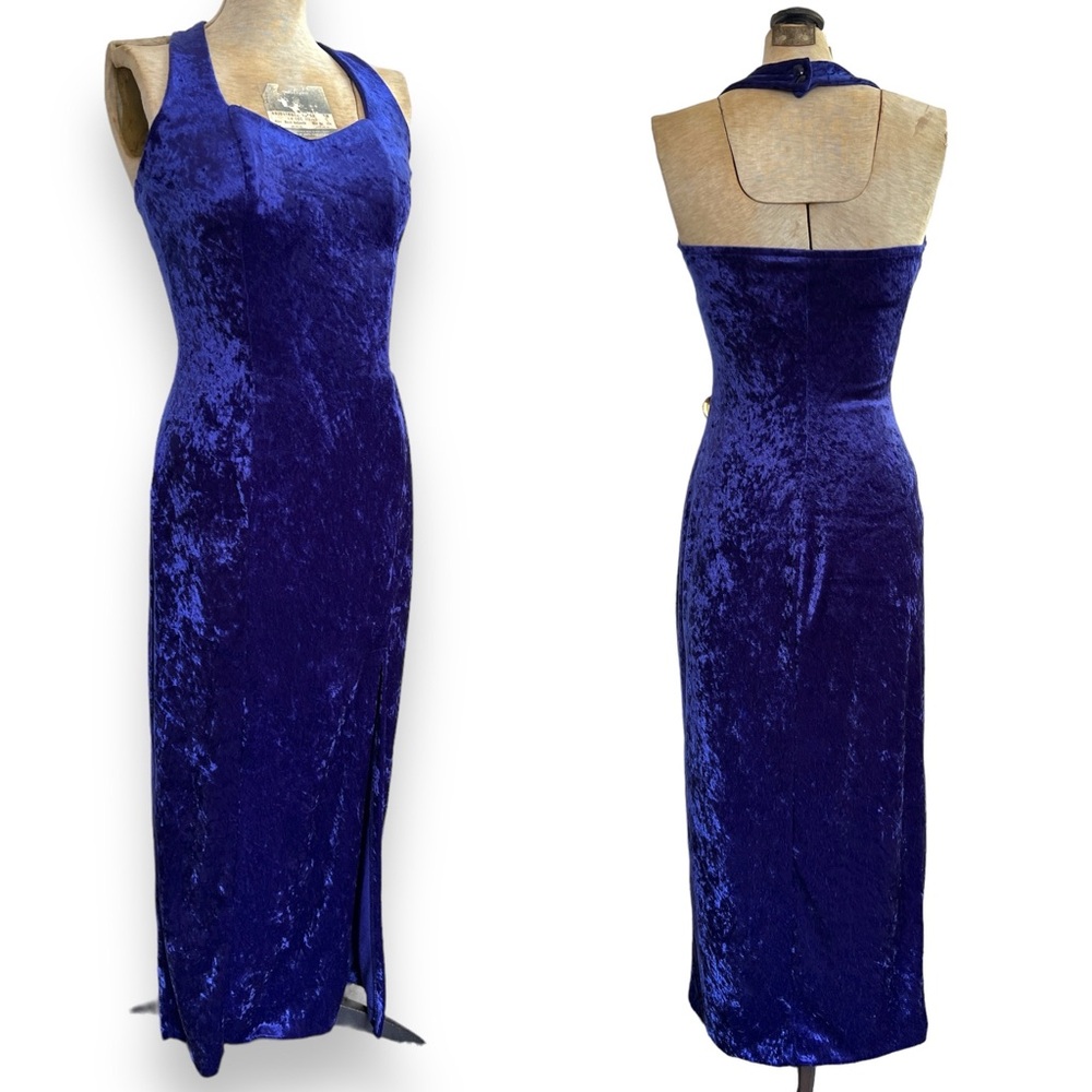 Vintage 90s All That Jazz Purple Blue Velvet Halter Dress